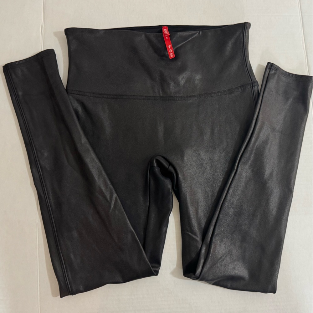 Spanx Black Faux Leather Shiny Stretchy Compression Leggings Women Size L